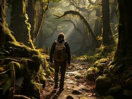uma mochileiro caminhada através uma denso floresta, luz solar transmissão através a árvores generativo ai foto