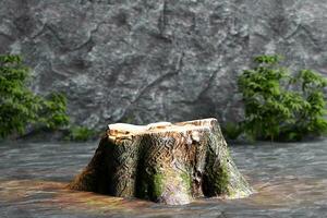 árvore tronco toco em uma Sombrio Rocha fundo com verde plantas pódio cena foto