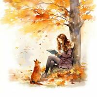 outono outono menina lendo debaixo árvore com esquilo aguarela ilustração isolado, ai gerado foto