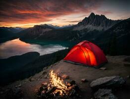 ai generativo acampamento cena com barraca dentro região selvagem e fogueira às nascer do sol, noite foto
