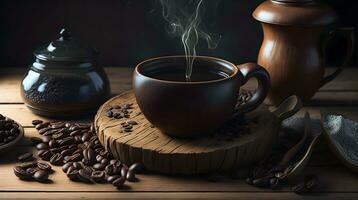 ai generativo conceito, produtos apresentação do caffe feijões e caffe copo em de madeira mesa foto