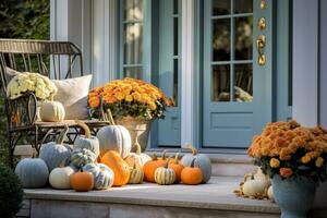 frente porta com outono decoração, abóboras e outono temático decorações foto