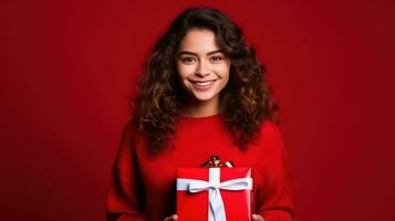 lindo menina em pé em uma vermelho fundo com uma presente dentro a mãos foto