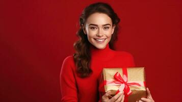 lindo menina em pé em uma vermelho fundo com uma presente dentro a mãos foto