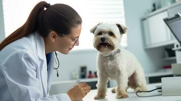 uma veterinário dentro uma clínica olhando às uma cachorro foto