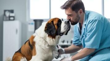 uma veterinário dentro uma clínica olhando às uma cachorro foto