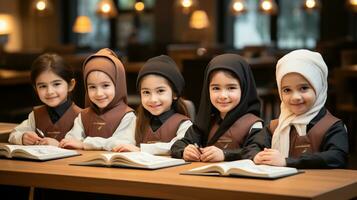 muçulmano meninas dentro escola aula. generativo ai foto