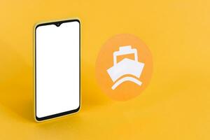 inteligente telefone com em branco branco tela e uma navio ícone em pastel fundo. transporte e Remessa conceito. foto