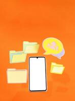 inteligente telefone, pastas, arquivos e discurso bolha com bate-papo ícone. foto