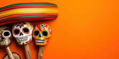 mexicano crânio maracás em laranja fundo. generativo ai foto