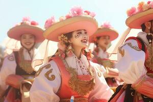 feliz gaecheonjeol festival, mulheres dentro tradicional vestir. generativo ai foto