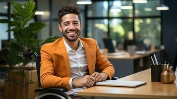 incapacidade pessoa, jovem hispânico homem às escritório. generativo ai foto