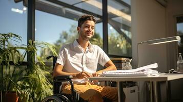 incapacidade pessoa, jovem hispânico homem às escritório. generativo ai foto