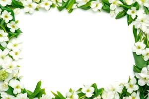 floral fronteira quadro, Armação cartão modelo. verde flores, folhas, para bandeira, Casamento cartão. primavera composição com espaço de cópia, generativo ai ilustração foto