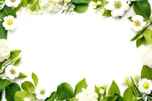 floral fronteira quadro, Armação cartão modelo. verde flores, folhas, para bandeira, Casamento cartão. primavera composição com espaço de cópia, generativo ai ilustração foto