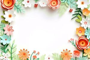 floral fronteira quadro, Armação cartão modelo. verde flores, folhas, para bandeira, Casamento cartão. primavera composição com espaço de cópia, generativo ai ilustração foto