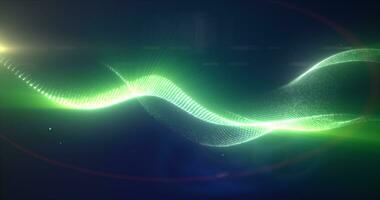 verde brilhando energia brilhante ondas a partir de pequeno partículas e linhas abstrato fundo foto