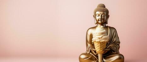dourado lustroso Budha com gelo creme isolado em pastel fundo com uma Lugar, colocar para texto foto