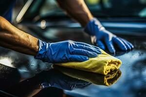 uma homem limpeza carro com microfibra pano carro detalhamento foto