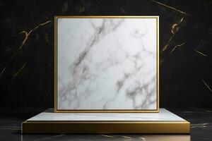 3d Renderização do uma branco mármore pedestal com uma ouro quadrado quadro, Armação em uma Preto fundo foto