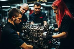 equipe do mecânica trabalhando juntos para lift uma pesado motor dentro a auto reparar garagem foto