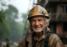 sorridente Paquistão mais velho trabalhador. conceito do segurança medidas, especializado trabalho e trabalhadores. foto