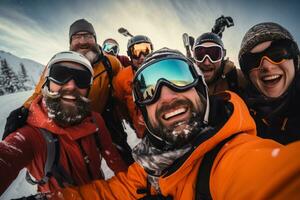 uma grupo do pessoas vestindo esqui equipamento leva uma selfie juntos foto