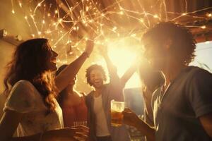 jovem amigos a comemorar às a festa em uma cobertura topo foto