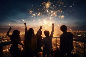 jovem amigos a comemorar às a festa em uma cobertura topo foto