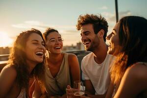 jovem amigos a comemorar às a festa em uma cobertura topo foto