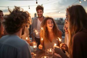 jovem amigos a comemorar às a festa em uma cobertura topo foto