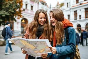 dois amigos estão olhando às a mapa em a rua foto