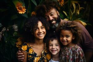 mãe, Papai e dois crianças pose para a foto. foto