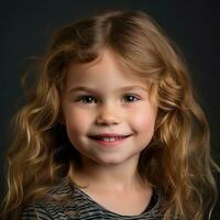 uma pequeno menina com grandes encaracolado cabelo sorridente às a Câmera generativo ai foto