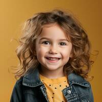 retrato do fofa pequeno menina com encaracolado cabelo em amarelo fundo generativo ai foto