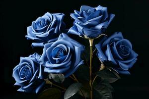 uma ramalhete do azul rosas em uma Preto fundo generativo ai foto