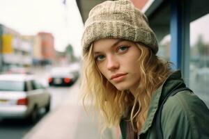 uma jovem mulher dentro uma gorro olhando às a Câmera generativo ai foto