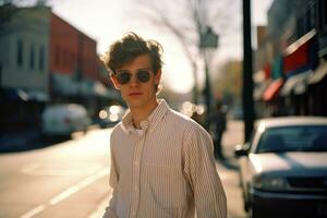 uma jovem homem dentro oculos de sol em pé em uma cidade rua generativo ai foto