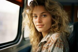 uma mulher com encaracolado cabelo sentado em uma ônibus generativo ai foto