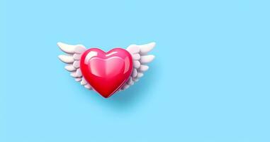 Rosa coração com asas em uma azul fundo foto