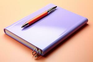3d roxa caderno com uma caneta em topo foto
