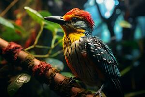 cores quentes pica-pau empoleirado em uma ramo em uma úmido floresta tropical. ai gerado foto