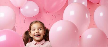 feliz aniversário festa conceito com uma fofa menina dentro uma Princesa vestir segurando uma balão em uma Rosa fundo com uma bandeira foto