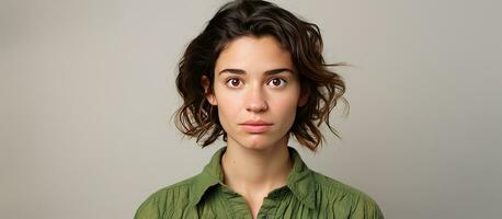 expressivo jovem mulher com Castanho olhos e cabelo vestindo uma verde blusa em uma branco pano de fundo com quarto para texto foto