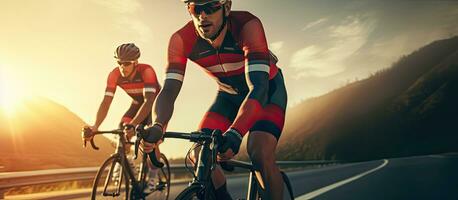 ciclistas em corrida bicicletas com capacetes levando uma pausa em a rodovia foto