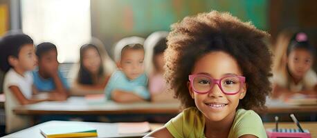 birracial menina com diverso classe às escrivaninha Aprendendo dentro escola foto