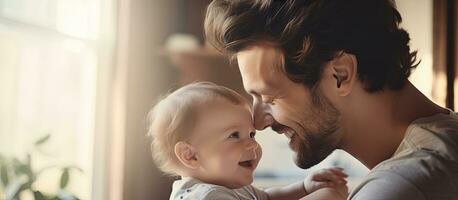 feliz pai às casa se beijando dele sorridente bebê foto