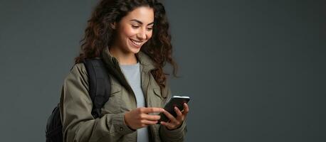 sorridente jovem hispânico mulher com mochila usando Móvel telefone isolado em cinzento fundo com cópia de espaço foto