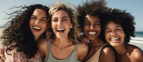 multirracial senhoras alegremente gastos Tempo juntos às a de praia desfrutando seus período de férias de a oceano foto