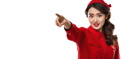 Indonésia temático foto com ásia mulher dentro vermelho kebaya apontando para em branco espaço ao lado dela representando independência dia